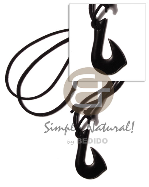 black carabao horn hook 40mm on adjustable leather thong - Mens Necklace