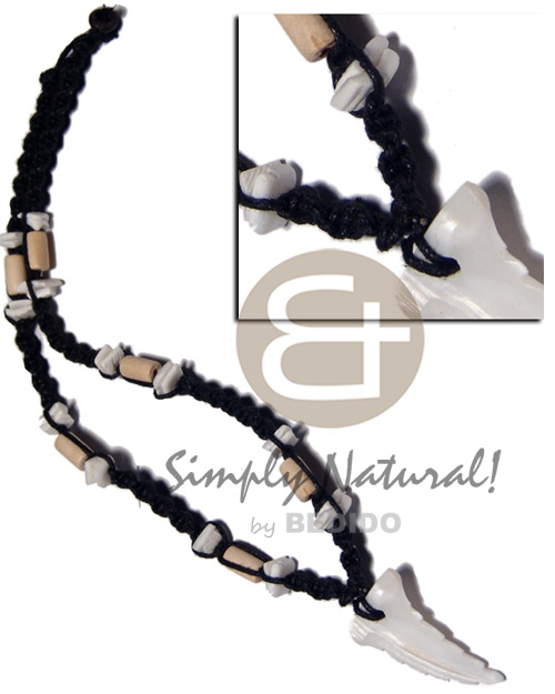 35mmx25mm kabibe shell fang pendant in black macrame  white rose shell & tube nat. white wood accent - Mens Necklace