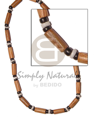 palmwood tube  black coco Pokalet. and white clam - Mens Necklace