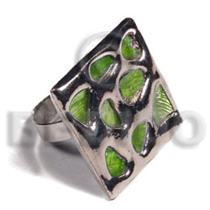 glistening neon green abalone /  square 28mmx28mm / adjustable ring/  molten silver metal series / electroplated - Molten Metal Rings