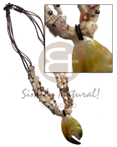 3 layer 2-3mm hammershell heishe  sq.cut shell accent in wax cord & 45mm blacklip pendant - Multi Row Necklace