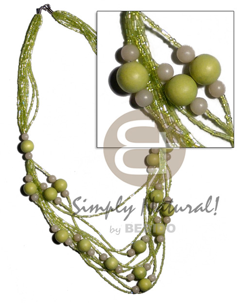 5 rows  graduated multilayered lime green cut glass beads   buri seeds and wood beads accent/green tones / 32 in - Multi Row Necklace