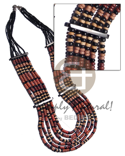 6 rows 4-5mm coco Pokalet.  in graduated  flat layers   glass beads & wood combination / 28 in. - Multi Row Necklace