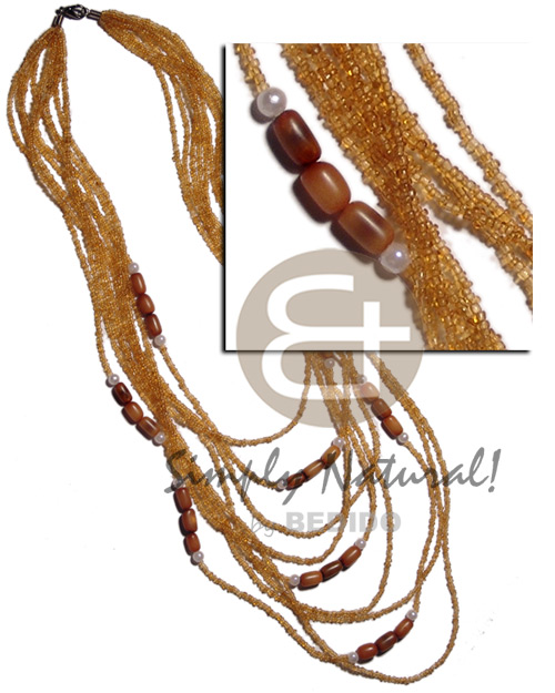 9 rows glass beads  in graduated  layers   golden brown buri tube combination / 34 in. - Multi Row Necklace