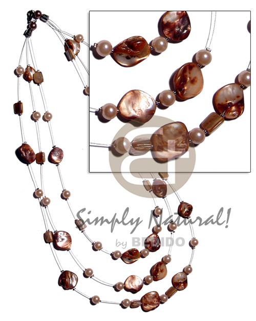 floating golden brown kabibe shell nuggets in 3 graduated rows of magic wire  28" / 24" / 22"   pearl beads accent - Multi Row Necklace