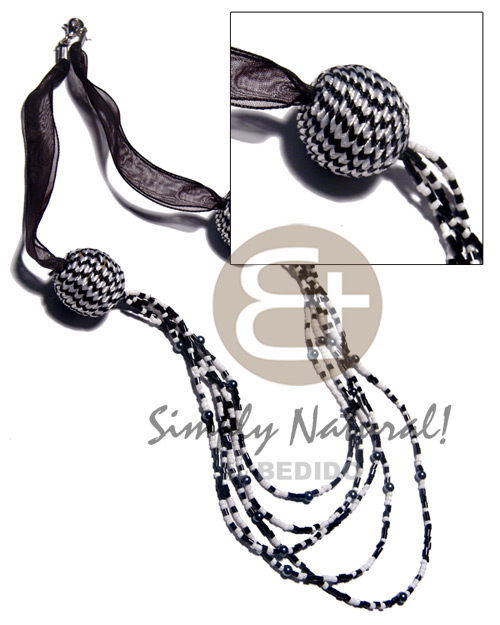 5 r0ws black/white glass beads in graduated layerr 24"/23"/22"/21"/20"  20mm wrapped wood beads and organza ribbon - Multi Row Necklace