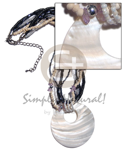 45mm round nat. kabibe shell pendant on 5 layers cuts glass beads and 2-3mm coco Pokalet combination - Multi Row Necklace