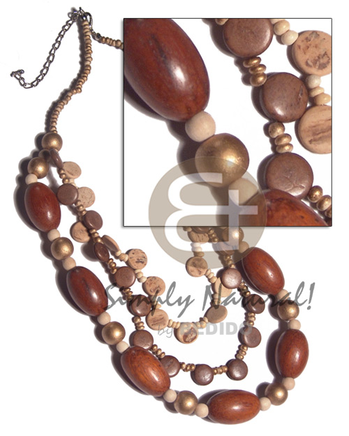 2-3mm coco Pokalet in gold tones  graduated 3 layers 10mm coco side drill  and oval 25mmx15mm wood beads combination  /  14in/16in/18in / ext. chain - Multi Row Necklace