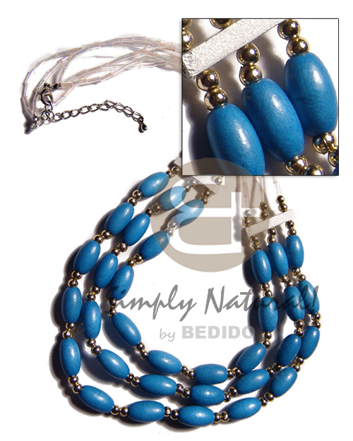 3 graduated rows of 15mmx8mm bright blue capsule wood beads  and rainbow glass beads  gold accent beads / 18in/20in/22in /  ext. chain - Multi Row Necklace