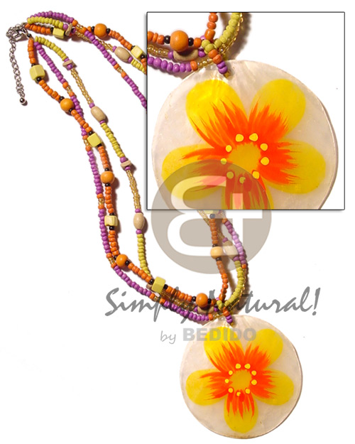 3 rows 2-3mm coco Pokalet. yelloorange/lavender combination  wood beads & 50mm handpainted capiz shell pendant - Multi Row Necklace