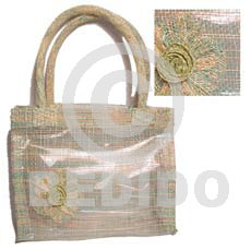 sinamay green tones  flower, plastic inner lining l=6 in. w= 5 in. base = 2 in. - Native Bags