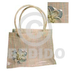 sinamay green tones  flower/plastic inner lining  l=9.5 in. w= 7 in. base = 5 in. - Native Bags