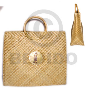 pandan with rattan handle/ large/ 14 1/2x6/12 1/2 in/ handle 5 in.  50 mm MOP & embossed handpainted hula girl - Native Bags