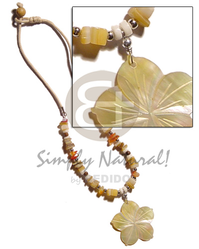 40mm MOP flower  groove pendant  goldlip nuggets & white clam combination in wax cord - Natural Earth Color Necklace