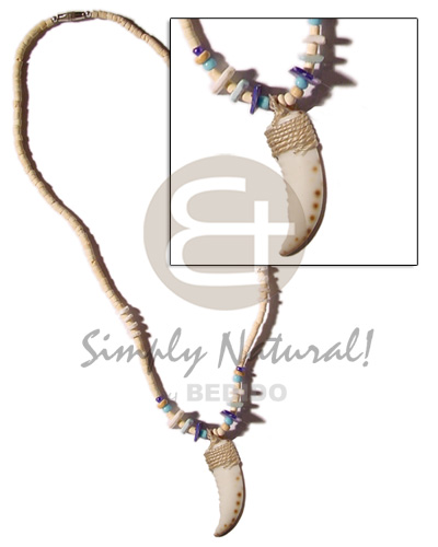 cowrie shell fangs pendant in 2-3mm coco heishe bleach  white & blue shell accent - Natural Earth Color Necklace