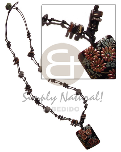 rectangular 45mmx35mm handpainted rectangular blacktab pendant in knotted wax cord  shell 7 buri beads accent - Natural Earth Color Necklace