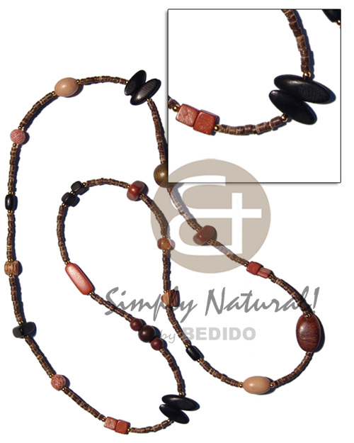 36 in. 2-3mm coco heishe  assorted wood beads accent - Natural Earth Color Necklace