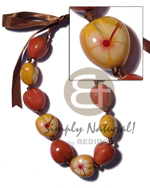kukui nut  choker in graduated red orange & mustard combination   two sided design ( 11pcs. ) / adjustable ribbon - Natural Earth Color Necklace