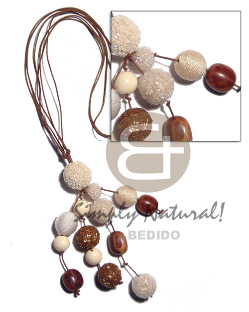 tassled 15mm/20mm/25mm round wrapped wood beads  rubber seed in doublewax cord / 36in - Natural Earth Color Necklace