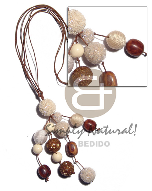 hand made Tassled 15mm 20mm 25mm round wrapped wood Natural Earth Color Necklace