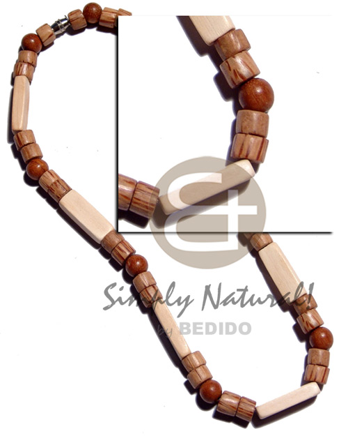 8mm cylinder palmwood,8mm round wood beads  nat. white wood flat rectangle combination - Natural Earth Color Necklace