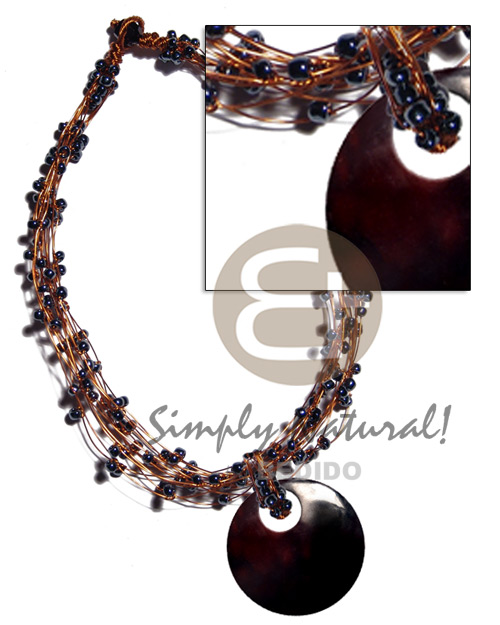 13 rows copper wire choker  hematite glass beads & 60mm round black tab shell pendant - Natural Earth Color Necklace