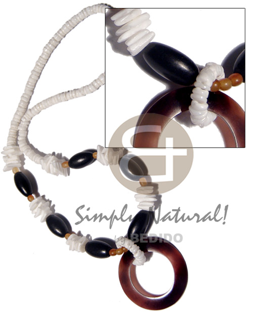 4-5mm white clam heishe  nat. wood black capsule & white rose shell  35mm blacktab ring pendant - Natural Earth Color Necklace
