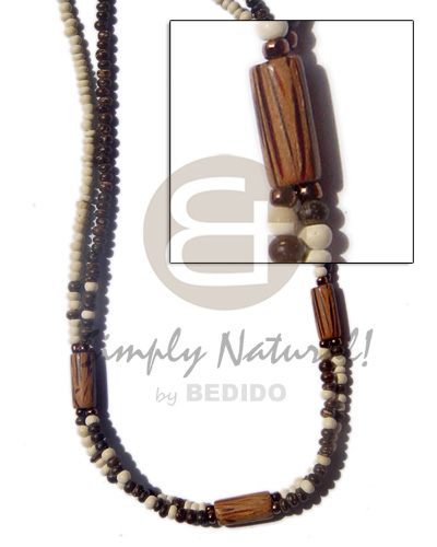 2 rows 2-3mm coco Pokalet bl. white/nat. brown combination palmwood tube/brown glass beads - Natural Earth Color Necklace
