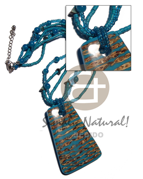 3 rows glass beads, 2-3mm coco heishe  buri nuggets accent and 72mmx50mm laminated twigs  resin backing pendant in dark cyan tones / 16in - Natural Earth Color Necklace