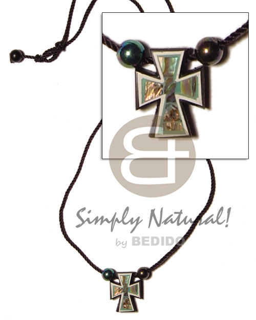 cord necklace  abalone "paua" cross  resin backing pendant - Natural Earth Color Necklace