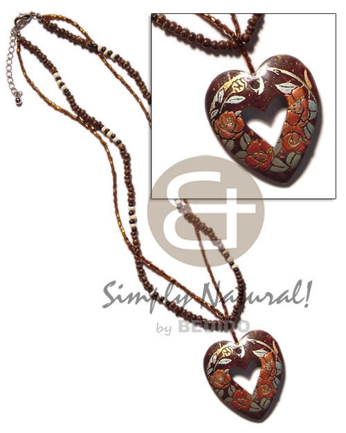 2 rows cut glass beads /2-3mm coco Pokalet. nat. brown  handpainted heart pendant - Natural Earth Color Necklace