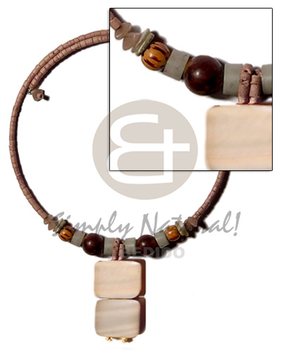 mocca 2-3mm coco heishe wire choker  buri & wood beads accent  dangling two 20mmx25mm rectangular kabibe  resin backing pendant - Necklace with Pendant