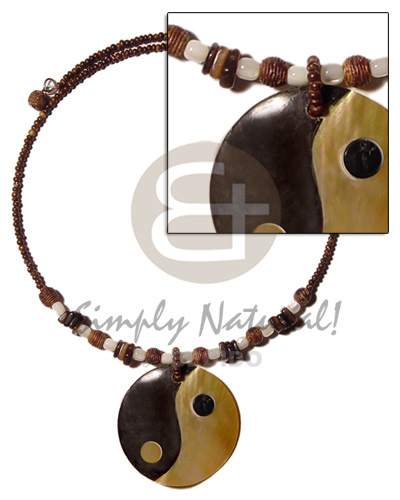 40mm blacktab/MOP yin yang  pendant in choker wire  shell & wood beads accent - Necklace with Pendant