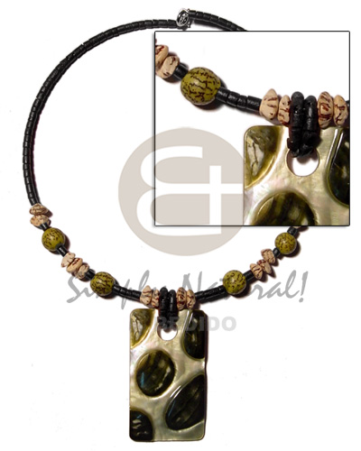 2-3mm black coco heishe  buri beads accent and 45mmx35mm rectangular blacklip  skin - Necklace with Pendant