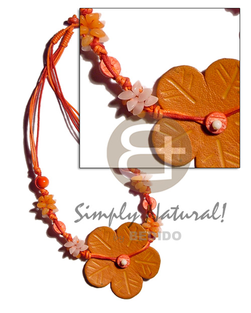 3 layers wax cord  wood beads, buri nuggets & faux leather flower/orange - Necklace with Pendant