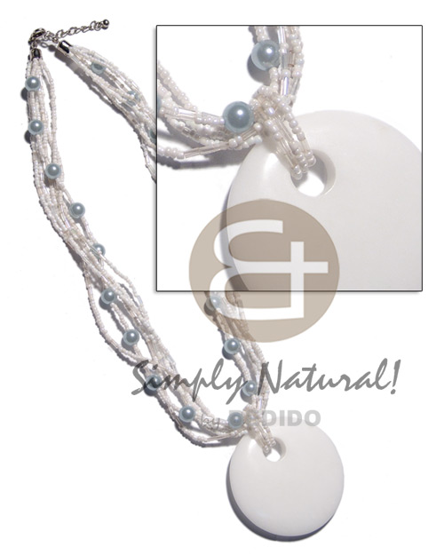 6 rows white glass beads  pearl accent and 55mm white polished stone pendant - Necklace with Pendant
