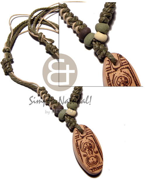 4 layers wax cord in beige/olive green tones combination   35mmx20mm oval wood  burning pendant / adjustable - Necklace with Pendant