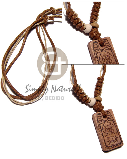 4 layers wax cord in brown/beige combination   35mmx20mm rectangular wood  burning pendant / adjustable - Necklace with Pendant