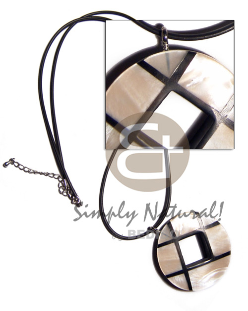 50mm round checkered kabibe shell  18mm square hole and black resin backing in 2mm rubberized black cord / 26in - Necklace with Pendant