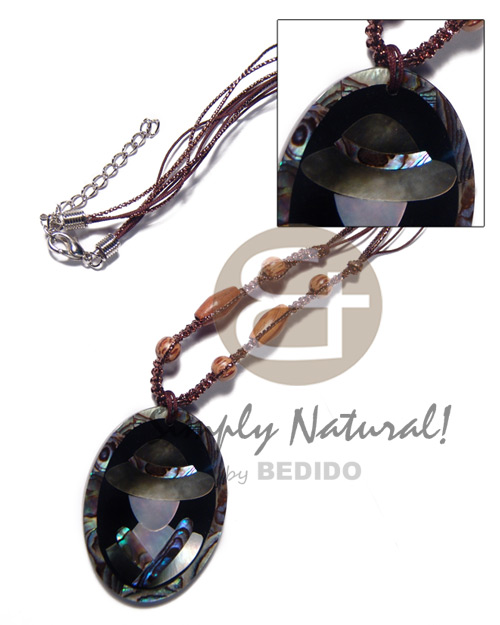 glitter cord and wax cord in macrame and 50mmx38mm oval pendant /elegant hat lady delicately etched in shells - brownlip, blacklip and paua combination in jet black laminated resin / 5mm thickness / 18in - Necklace with Pendant