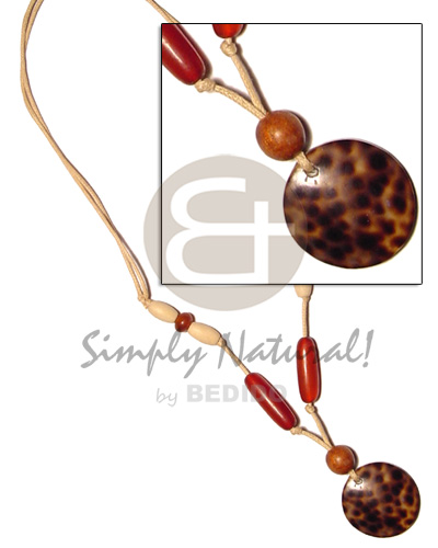 round cowrie shell pendant  bone ,wood, horn beads in wax cord - Necklace with Pendant