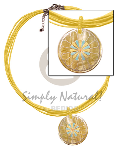 6 layer yellow wax cord  matching 40mm round handpainted MOP pendant - Pastel Color Necklace