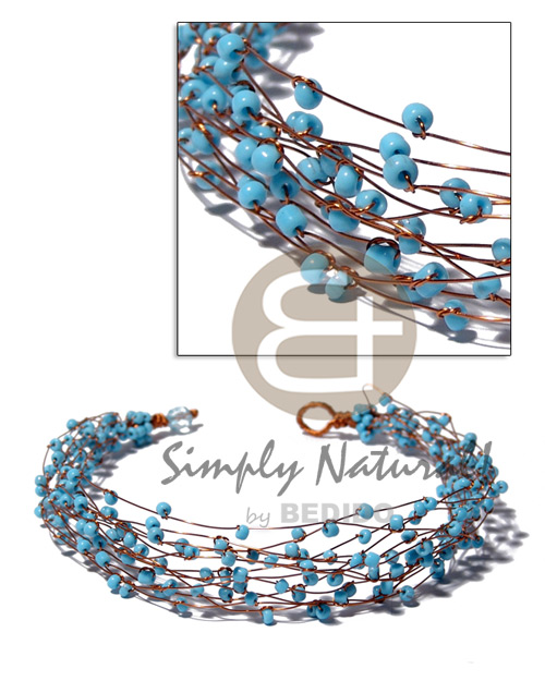 13 rows copper wire choker  aqua blue glass beads - Pastel Color Necklace