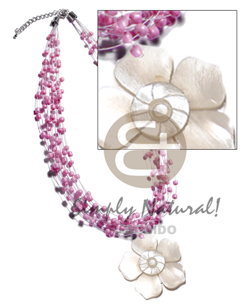 10 layers pink glass beads in magic wire  40mm hammershell flower pendant  groove - Pastel Color Necklace