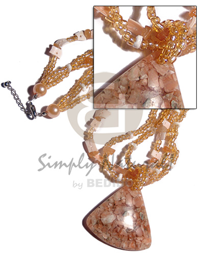 3 layers glass beads/pink rose  triangular shape corals 45mmx50mm in clear resin / peach tones / 18in. - Pastel Color Necklace