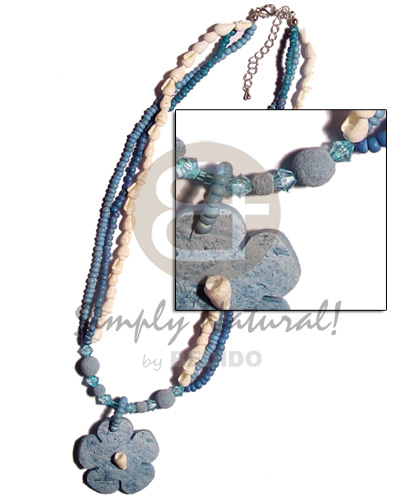 3 rows light/dark blue 2-3 coco Pokalet/white nassa/limestone/acrylic crystals coco flower pendant - Pastel Color Necklace