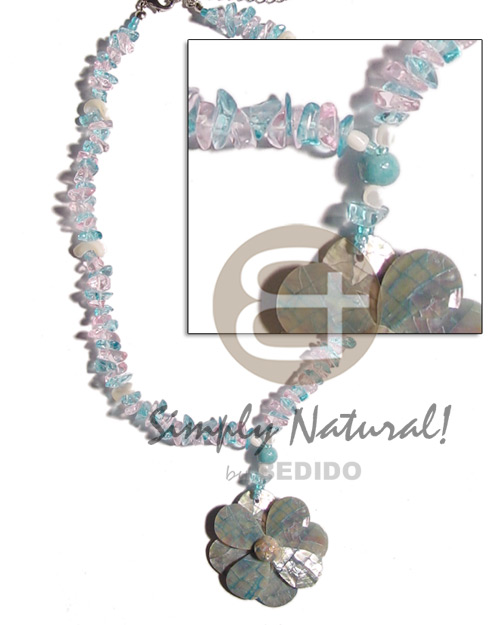 pink & aqua blue stone crystals nuggets  troca nuggets and blue hammershell cracking flower - Pastel Color Necklace