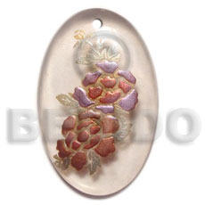 oval 40mmx30mm clear white resin  handpainted design - floral / embossed hand painted using japanese materials in the form of maki-e art a traditional japanese form of hand painting - Resin Pendants