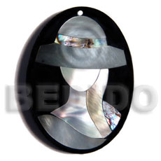 50mmx38mm oval pendant /elegant hat lady delicately etched in  shells - brownlip, blacklip and paua combination in jet black laminated resin / 5mm thickness - Resin Pendants