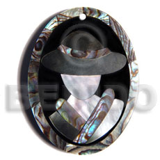 50mmx38mm oval pendant /elegant hat lady delicately etched in  shells - brownlip, blacklip and paua combination in jet black laminated resin / 5mm thickness - Resin Pendants